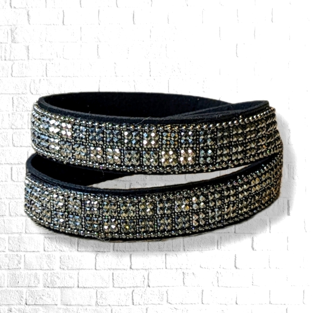 B1 Sparkling Black Rhinestone Bracelet Double Wrap Hematite Crystal New
